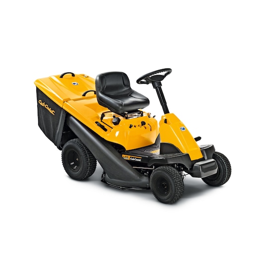 CubCadet 13B726HD603 yellow ride-on lawn mower, side angle, with black seat and rear grass collector.