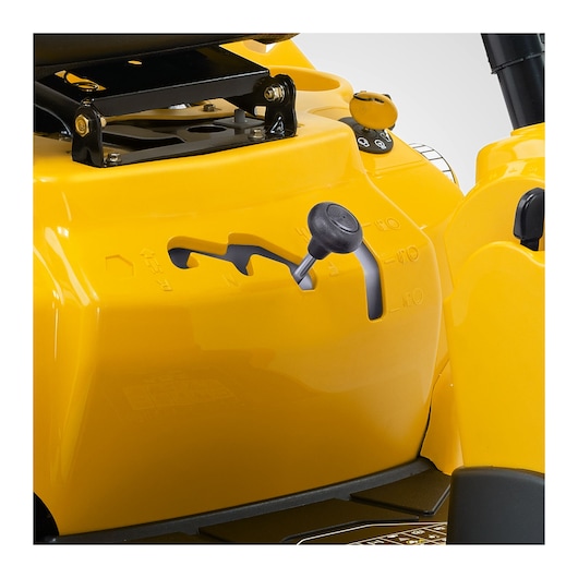 CubCadet 13B726HD603 riding mower close-up showing yellow control lever and gear positions, front angle.