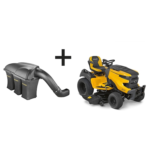 CubCadet 14AFA5TQ603 photography, front angle, yellow riding lawn mower with triple bagger attachment on white background.