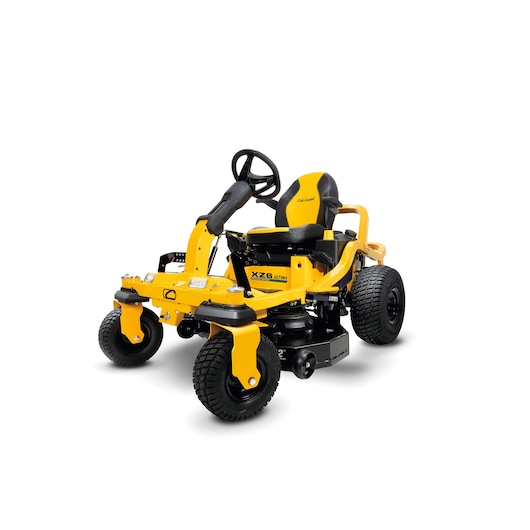 Photo of CubCadet 17AAGBYE603 zero-turn lawn mower, yellow and black, front angle on white background.