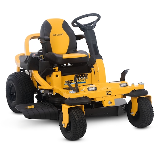 CubCadet 17AAGBYE603 zero-turn yellow lawn mower, front angle, black seat, white background.