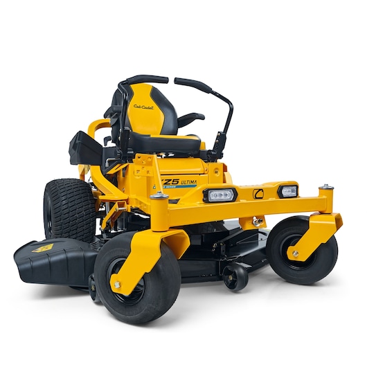 CubCadet 17AIEAC3603 yellow zero-turn mower front angle photo, showing sturdy wheels and padded seat.
