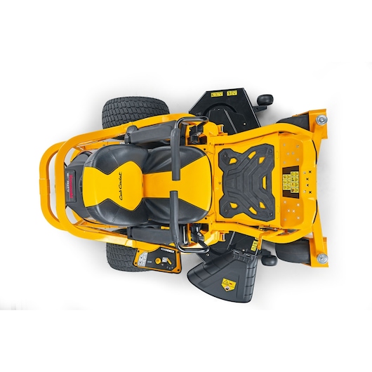 CubCadet 17AIEAC3603 zero-turn lawn mower top view with yellow and black seat on white background.