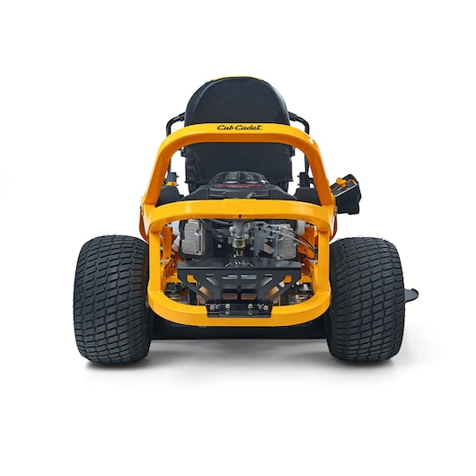 CubCadet 17AIEAC3603 zero-turn mower, rear view, yellow and black, large tires, white background.