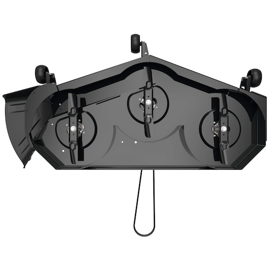CubCadet 17AIEAC3603 mower deck underside, black steel finish, three blades, top view.