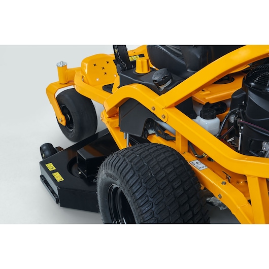 CubCadet 17AIEAC3603 riding lawn mower close-up side view, showing yellow frame and front wheel.