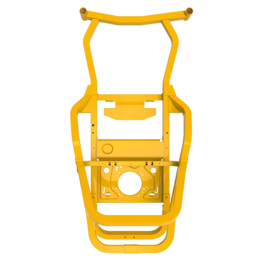 CubCadet 17AIEAC3603 yellow metal mower frame, front angle, photography on white background.