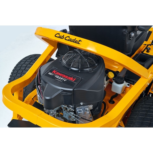 CubCadet 17AIEAC3603 lawn mower engine close-up, showing Kawasaki FR691V motor and yellow frame on white background.