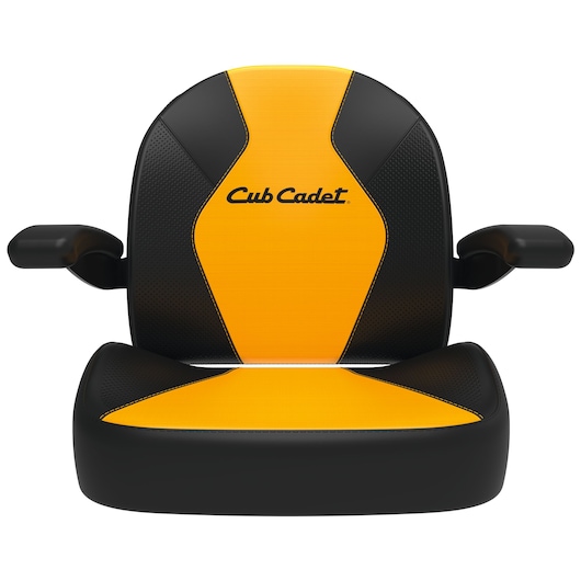 CubCadet 17AIEAC3603 mower seat, yellow and black, front angle with armrests, photography white background.