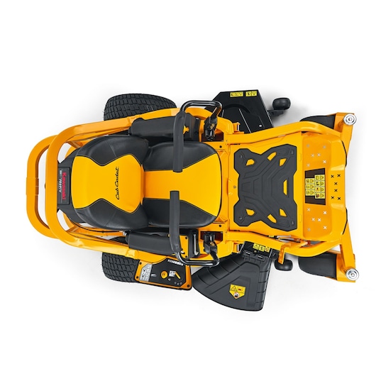 CubCadet 17AIEACL603 zero turn lawn mower top view, yellow and black seat, white background.