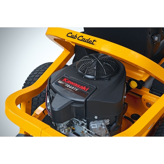 CubCadet 17AIEACL603 lawn mower engine close-up, yellow frame, Kawasaki FR691V engine, front angle.