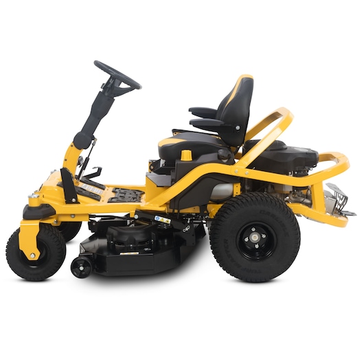 CubCadet 17AIGBYN603 zero-turn riding mower side view, yellow frame, black seat, and sturdy tires.