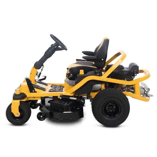 CubCadet 17AIGGY2603 zero-turn yellow riding lawn mower, side view, with high-back seat and large rear wheels.