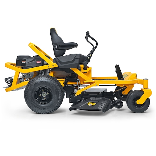 CubCadet 17BAEACS603 zero-turn riding mower in yellow, side view on white background.
