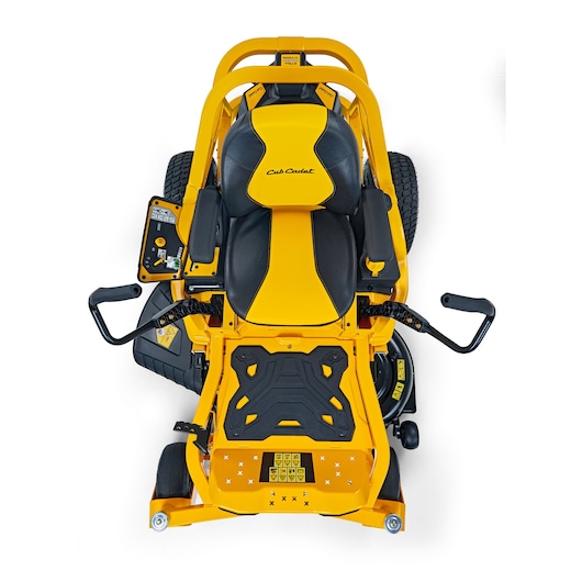 Cub Cadet 17BAEACS603 zero-turn lawn mower, top view, yellow and black seat with armrests and control levers.