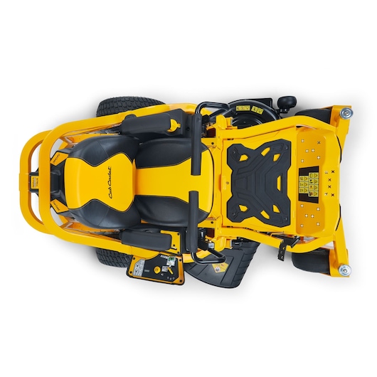 CubCadet 17BAEACS603 zero-turn mower top view, showing yellow and black seat, controls, and sturdy frame.