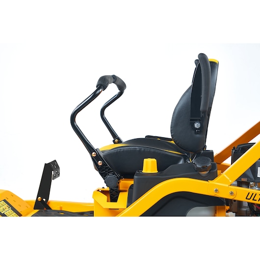 CubCadet 17BAEACS603 seat and control arms photography, side angle, black and yellow mower.
