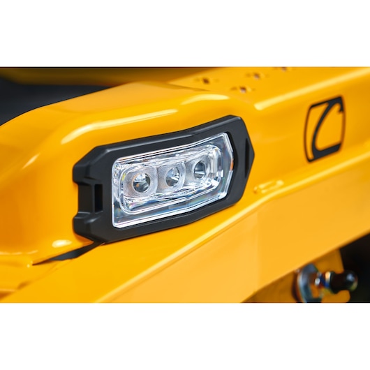 CubCadet 17BAEACS603 close-up photo of yellow mower LED headlight with black trim.