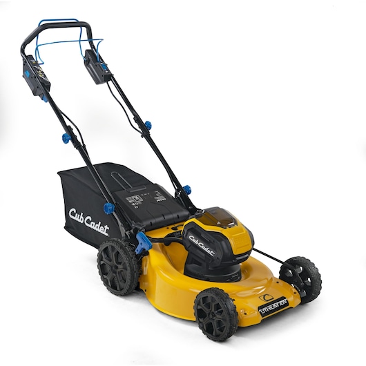 CubCadet 18ASTR94603 yellow cordless lawn mower, side angle photo on white background.
