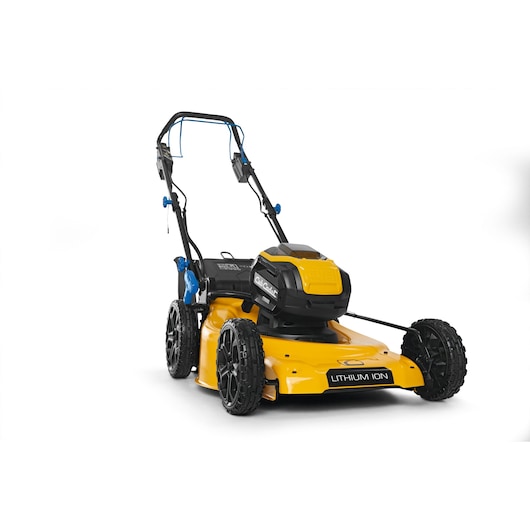 CubCadet 18ASTR94603 yellow and black lithium-ion lawn mower front angle on white background.