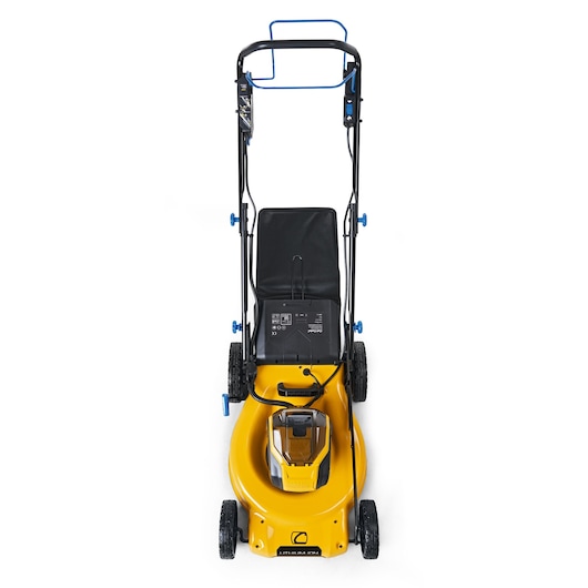 CubCadet 18ASTR94603 yellow cordless lawn mower, rear view on white background.