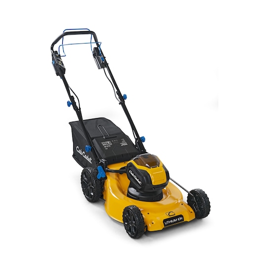 CubCadet 18ASTR94603 walk-behind lawn mower, yellow and black, side angle on white background.