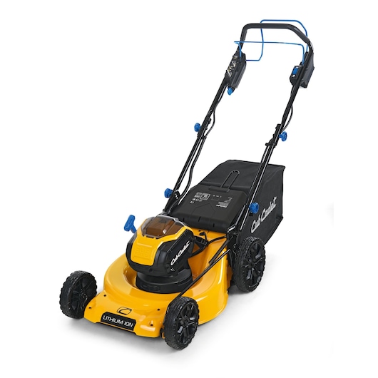 CubCadet 18ASTR94603 yellow cordless lawn mower front angle on white background, black bag and blue accents.