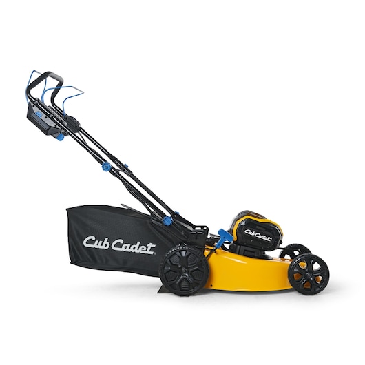 CubCadet 18ASTR94603 lawn mower left side view, yellow deck, black bag, and battery compartment visible.