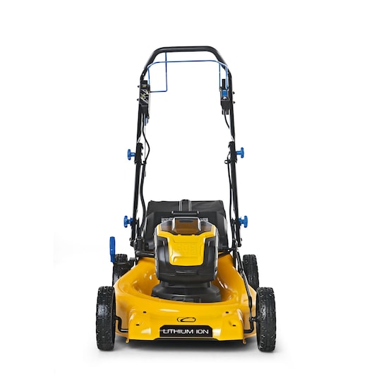 CubCadet 18ASTR94603 yellow cordless lawn mower front angle on white background.