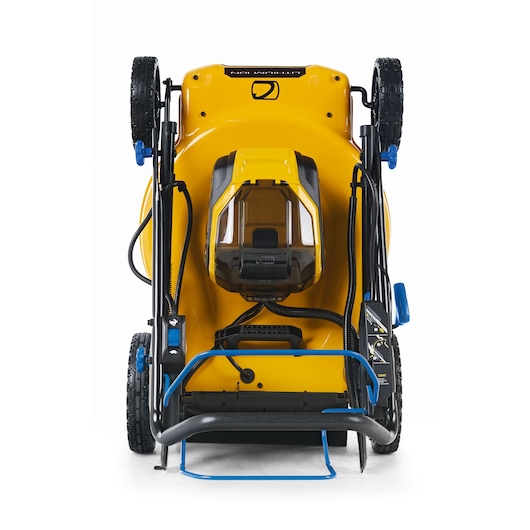 CubCadet 18ASTR94603 yellow walk-behind mower front angle, upright on wheels, blue handle details, white background.