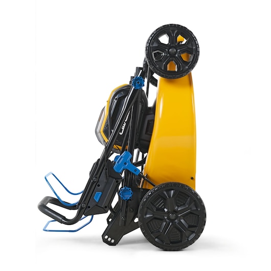 CubCadet 18ASTR94603 lawn mower in upright storage position, side angle on white background.