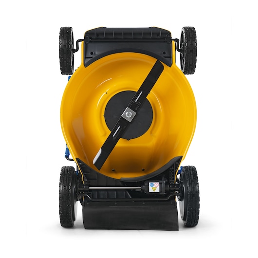 CubCadet 18ASTR94603 lawn mower underside view showing yellow cutting deck and black blade.