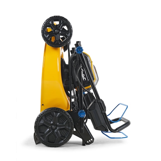 CubCadet 18ASTR94603 lawn mower upright side view, yellow and black with blue handle, for easy storage.