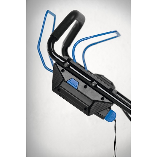 CubCadet 18ASTR94603 lawn mower handle detail with black and blue controls, close-up angle.