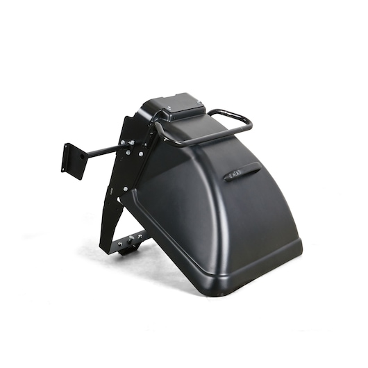 CubCadet 196-552A000 lawn mower side discharge chute, black plastic and metal, angled view on white background.