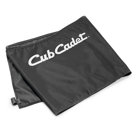 CubCadet 196-553-603 black fabric lawn mower bag with white logo, angled view on white background.