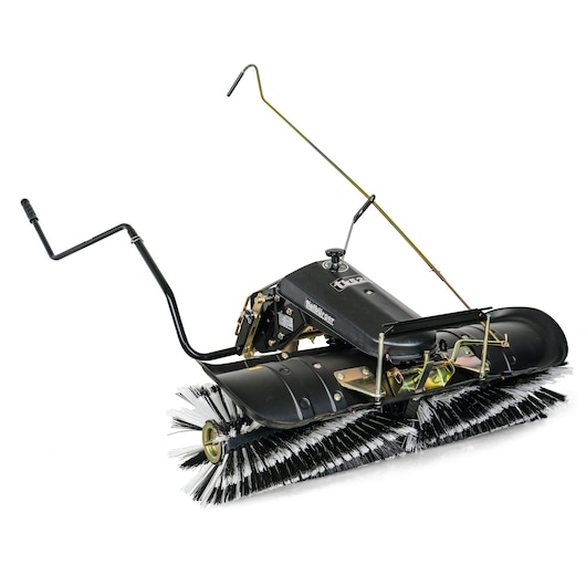 CubCadet 196-603-000 rotary outdoor sweeper attachment with black and white bristle brush, front angle.