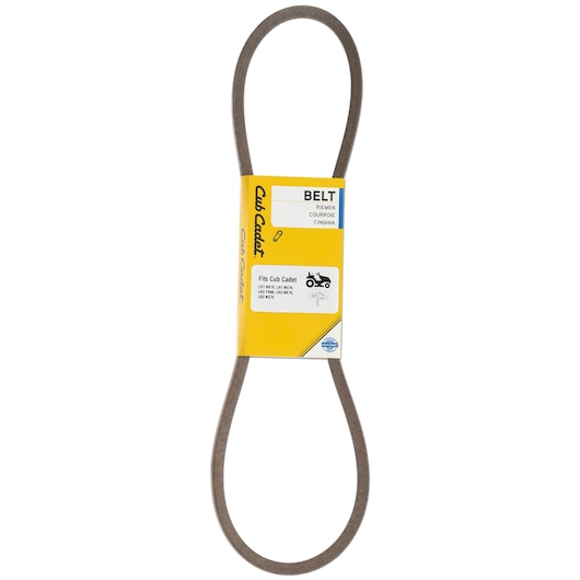 CubCadet 19A1301A603 mower drive belt, looped, with yellow branded packaging, front angle.
