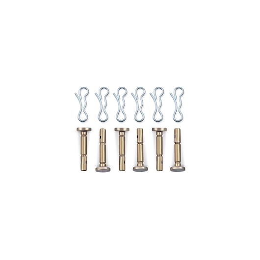 CubCadet 19A3101E603 hardware kit with six metal pins and six R-clips, top-down view, white background.