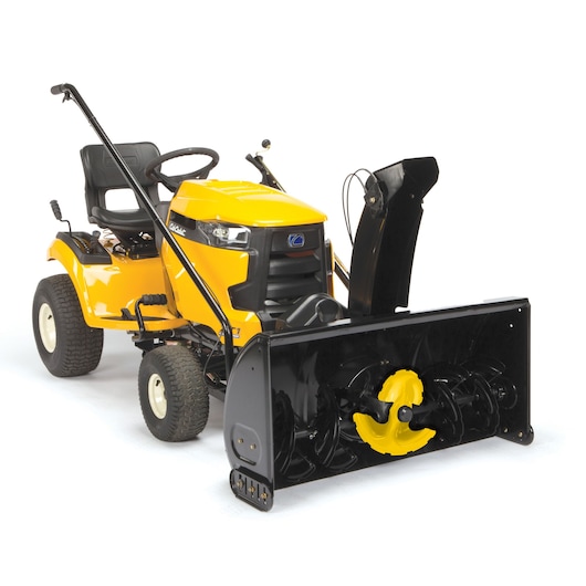 CubCadet 19A40024100 yellow lawn tractor with front-mounted black and yellow snow blower, front angle on white background.
