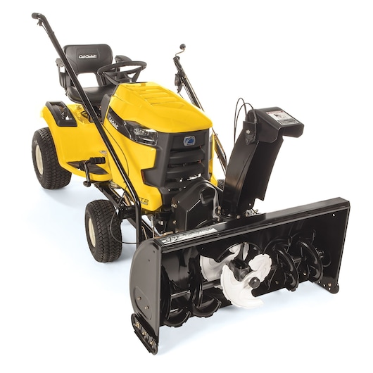 CubCadet 19A40024100 yellow riding lawn tractor with front-mounted black snow blower attachment, front angle.