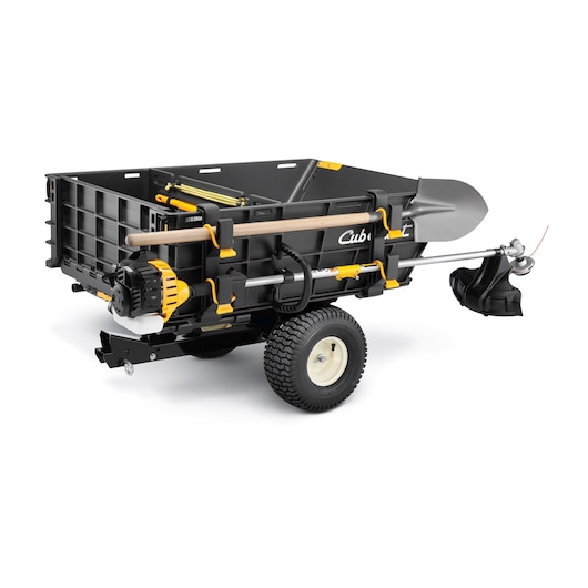 Arnold 19A40030OEM black and red walk-behind spreader side view with rugged wheels, on white background.