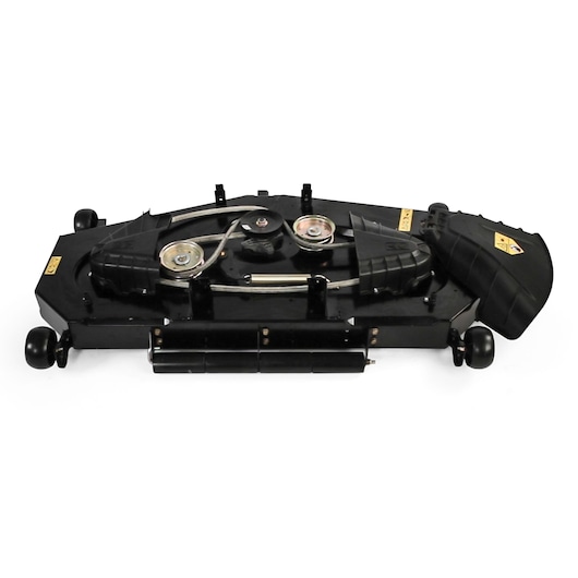 CubCadet 19A70019100 mower deck in black, front angle, with visible pulleys and wheels.