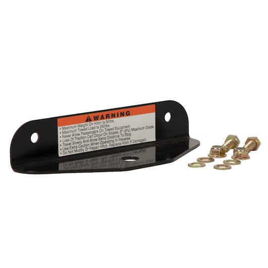 CubCadet 19A70025100 hitch bracket with warning label and mounting hardware, front angle, on white background.