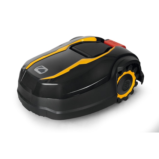 CubCadet 22AKFEFA603 robotic lawn mower, black with yellow accents, side angle on white background.