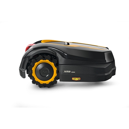 CubCadet 22AKFEFA603 robotic lawn mower, black and yellow, side view on white background.