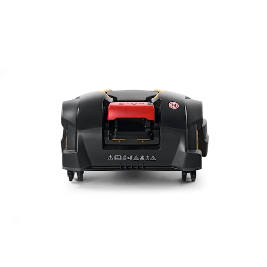 CubCadet 22AKFEFA603 robotic lawn mower, black and red, front angle, on white background.