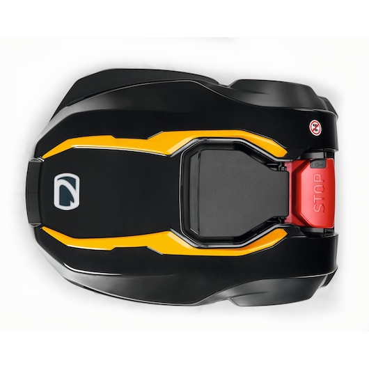 CubCadet 22AKFEFA603 robotic lawn mower, black with yellow accents, top view on white background.