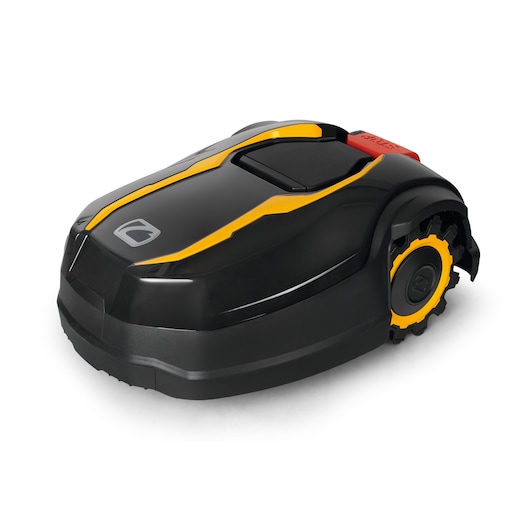 CubCadet 22AKHEFA603 robotic lawn mower, black with yellow accents, angled side view on white background.