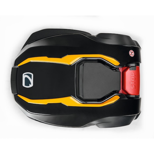CubCadet 22AKHEFA603 black and yellow robotic lawn mower top view on white background.